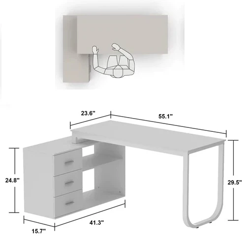 L Shaped Handmade Scholar Study Office Computer Table Desk with Storage for Adults Kids Students (White) - Image 5