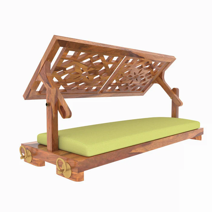Natural Art & Crafts Fusion Flowered Carved Back Handmade Teak Wood Swing Patio Hammock Jhula Traditional Style - Image 5