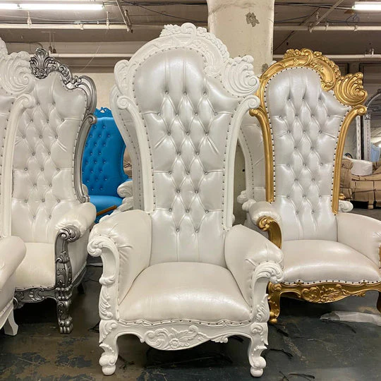 Stella Luxurious High Back Button Tufted Teak Wood Throne Chair Royal Wedding Chair, Elegant King & Queen (Silver)