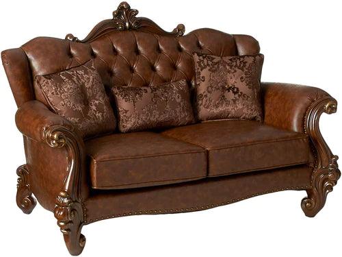 Hand-Carved Teak Wood 2-Seater Chaise Lounge with Leatherette Fabric ( Brown ) - Image 3