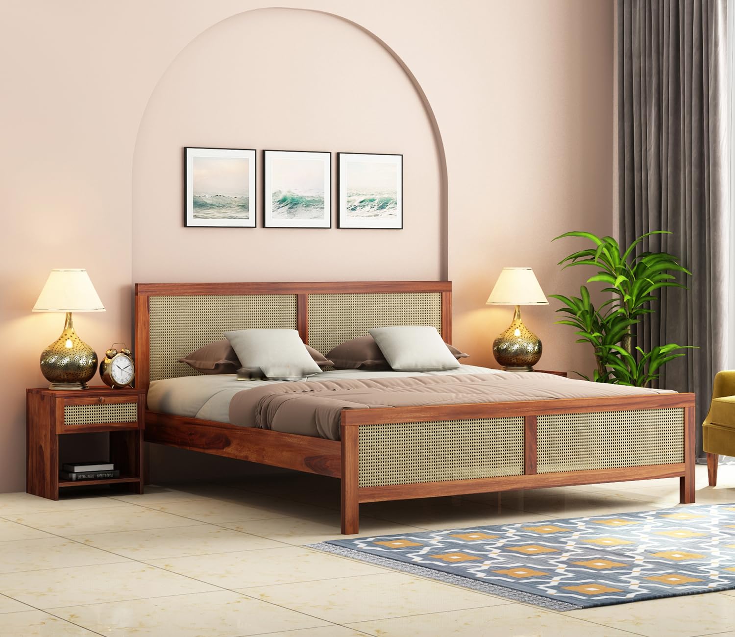 Cane Design Handmade Teak Wood King Size Plain Bed for Bedroom, Hotel