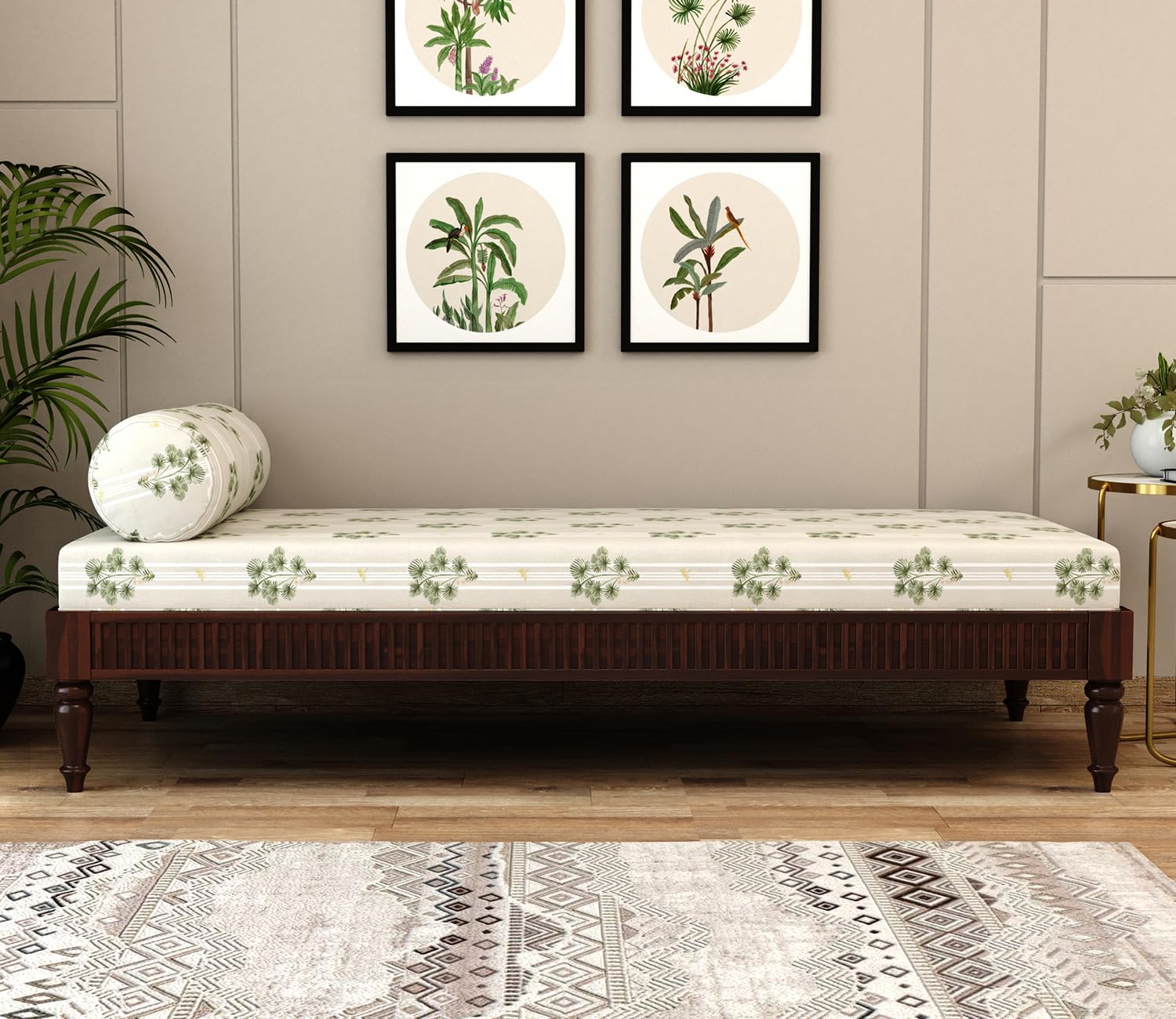 Emphasis Designer Handmade Rectangular Teak Wood Diwan Bed for Living Room Bedroom Walnut Finish - Image 2
