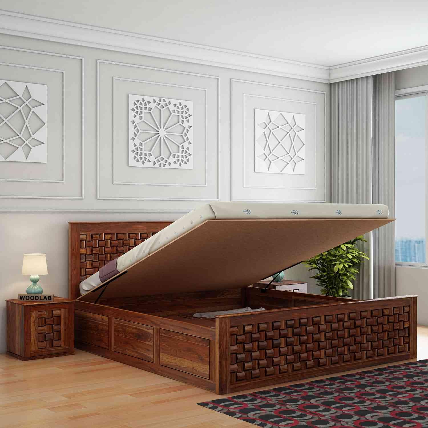 Niwar Premium Teak Wood Hydraulic Storage King Size Bed Modern Space Saving Design with Elegant Finish with 2 Bedside Table