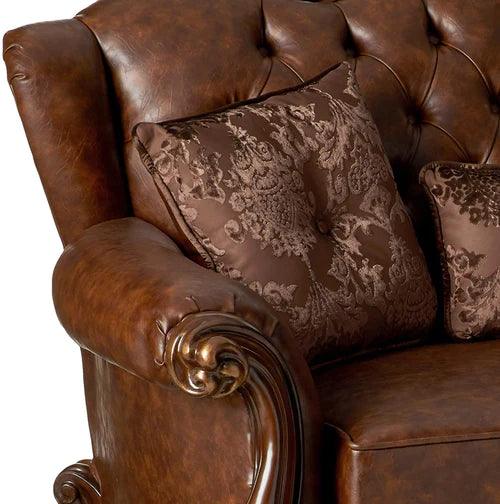 Hand-Carved Teak Wood 2-Seater Chaise Lounge with Leatherette Fabric ( Brown ) - Image 2