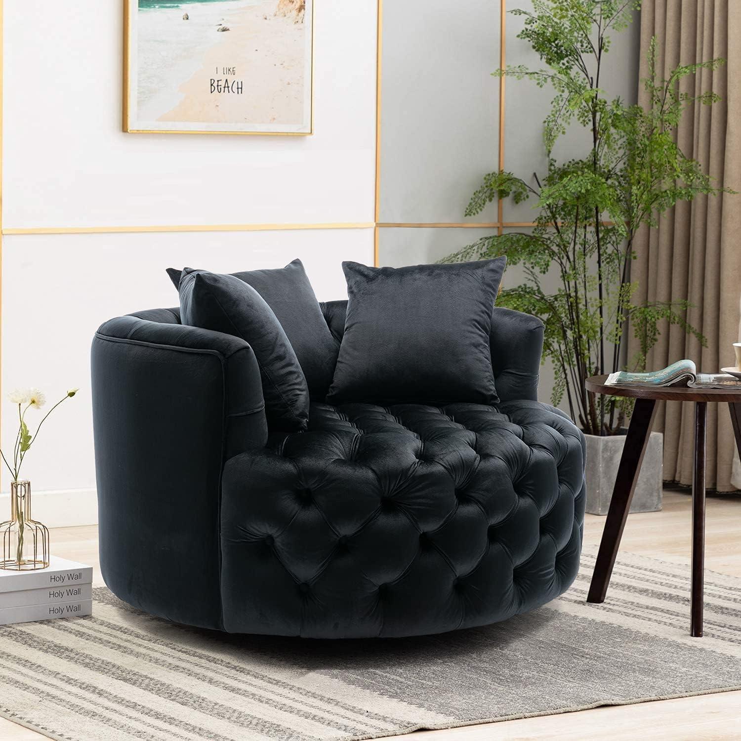 Barrel Button Tufted Design Modern Round Sofa For Living Room with 3 Pillows ( Black ) - Image 2