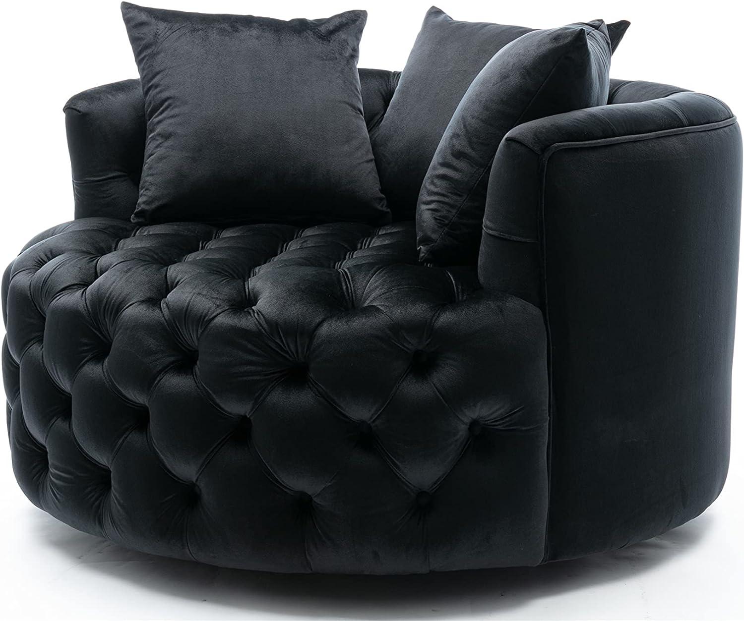 Barrel Button Tufted Design Modern Round Sofa For Living Room with 3 Pillows ( Black ) - Image 4