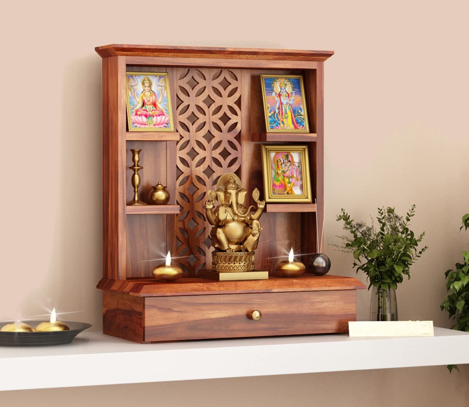 Ideal Forge Traditional Handmade Wooden Pooja Temple with 1 Drawer for Daily Prayers