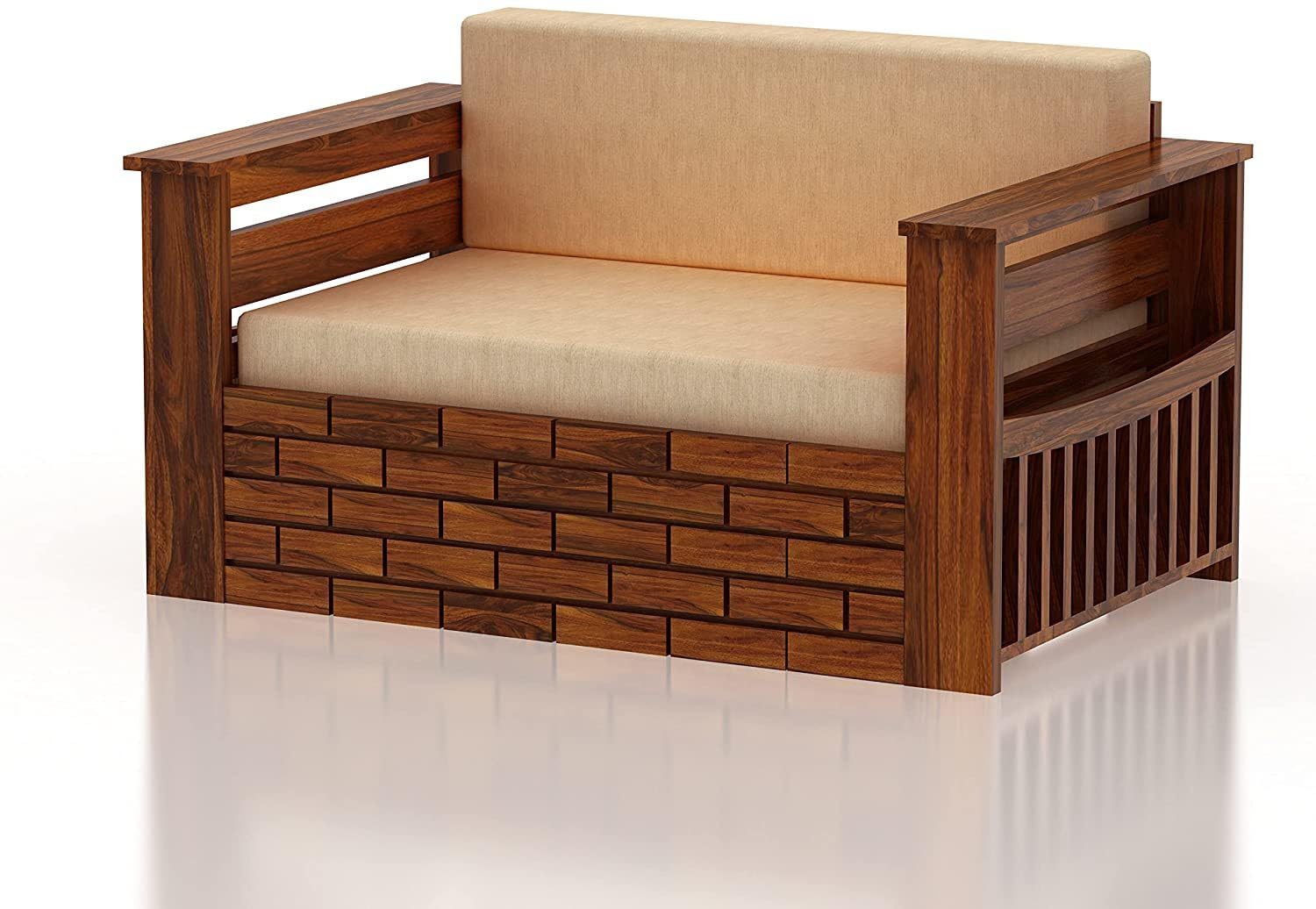 Fence Design Handmade Teak Wood 2 Seater Sofa Cum Bed Rustic Convertible Wooden Sofa Bed for Living Room ( Honey Finish ) - Image 5