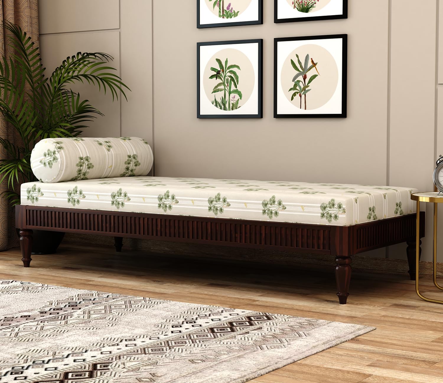 Emphasis Designer Handmade Rectangular Teak Wood Diwan Bed for Living Room Bedroom Walnut Finish