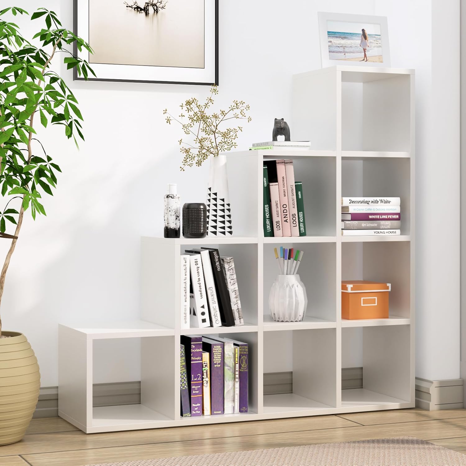 Modern 6 Layer Ladder Handmade Engineered Wood Bookshelf Rack for Library Home or Office (White)