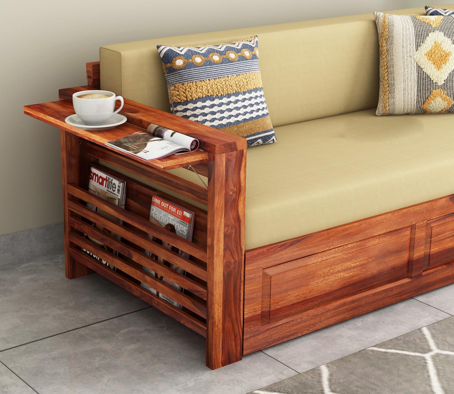 Expandable Flap Magazine Rack Handmade Teak Wood 3-Seater Sofa Cum Bed Comfortable Convertible Seating for Living Room - Image 3