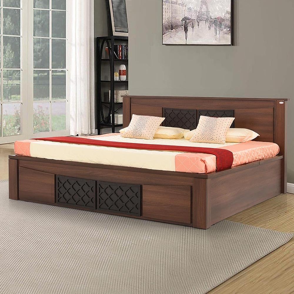 Muar Handmade Premium Teak Wood Hydraulic Storage King Size Bed Modern Space Saving Design with Elegant Finish
