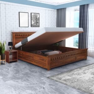 Armenia Premium Teak Wood Hydraulic Storage King Size Bed Modern Space Saving Design with Elegant Finish with