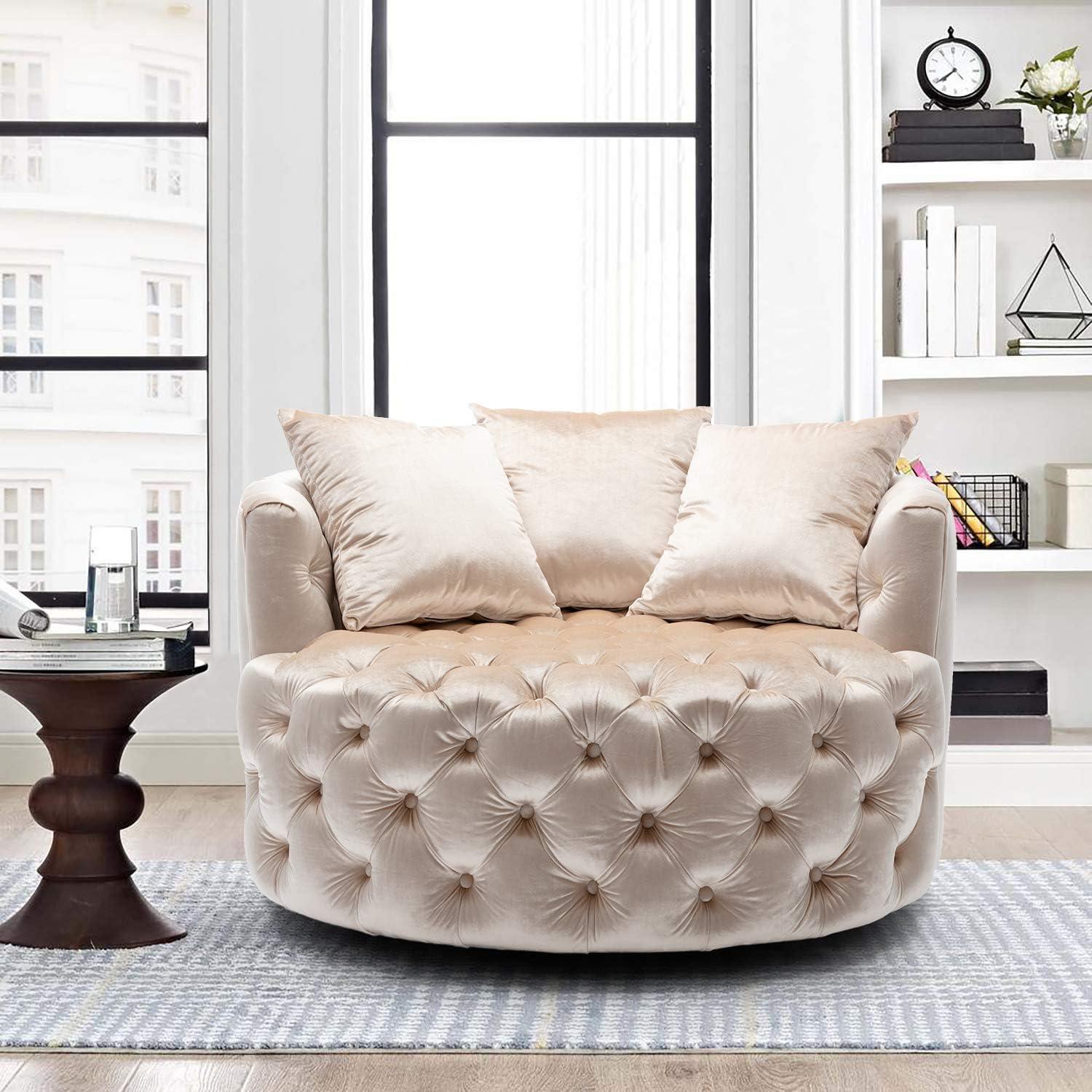 Barrel Button Tufted Design Modern Round Sofa For Living Room with 3 Pillows ( Beige )