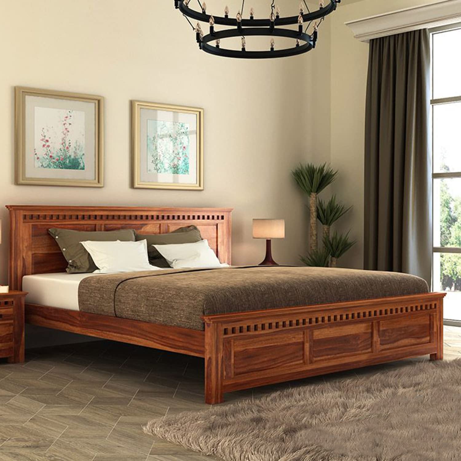 Aelina Handmade Teak Wood King Size Plain Bed for Bedroom, Hotel with 2 Bedside Tables