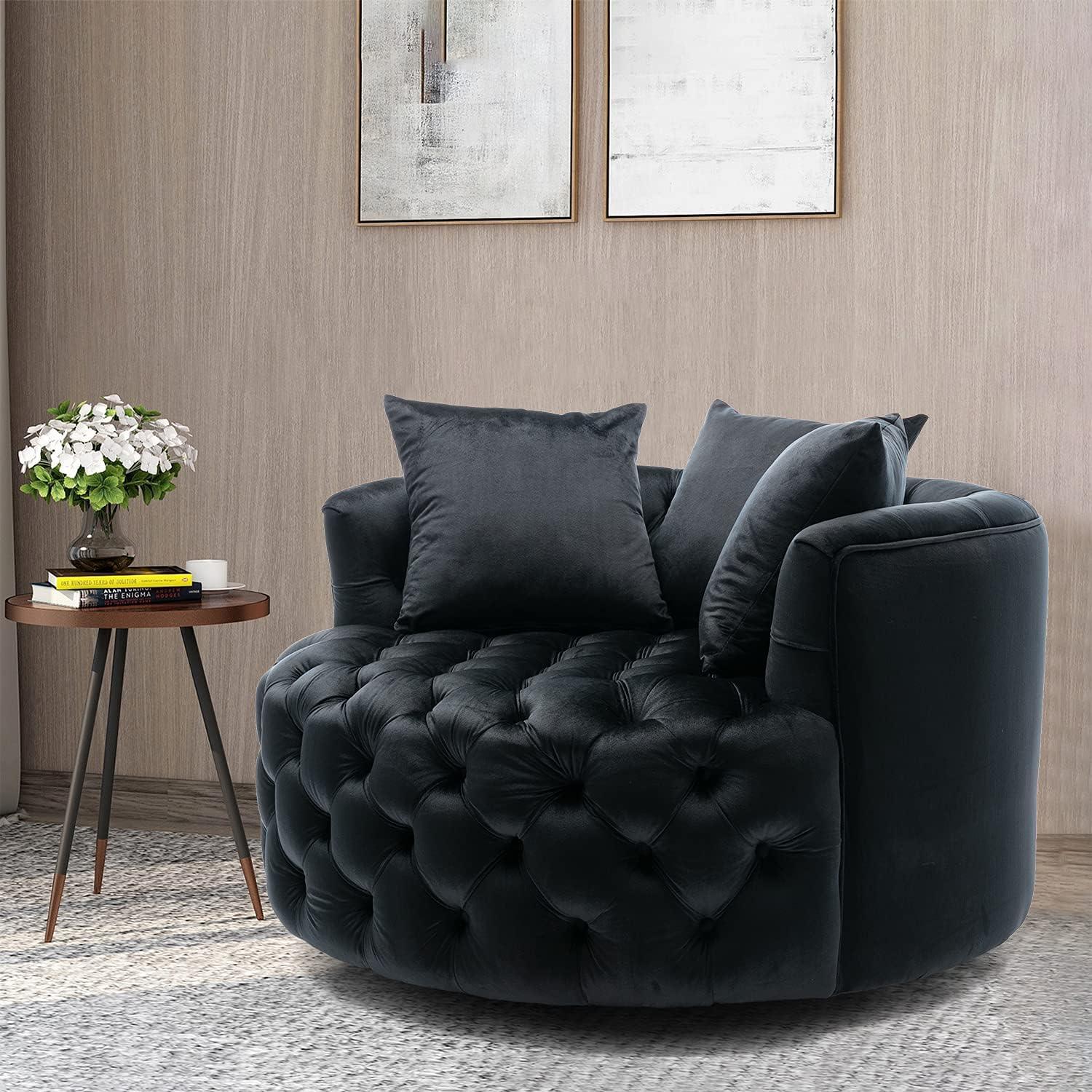 Barrel Button Tufted Design Modern Round Sofa For Living Room with 3 Pillows ( Black ) - Image 3