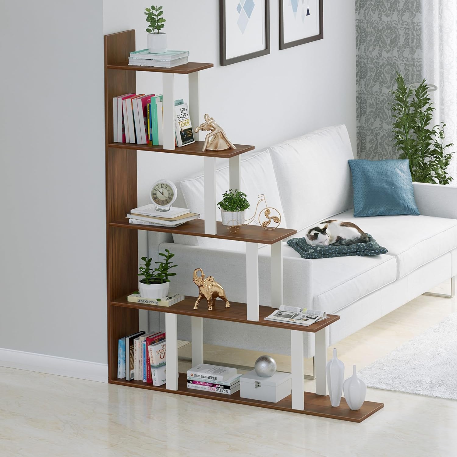 Wolabey Modern 6 Tier Ladder Handmade Engineered Wood Bookshelf Rack for Library Home or Office (White)