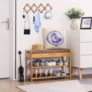 Stylish 3- Tier Organizer In Bamboo Wood Shoe Rack Bench with Cushion