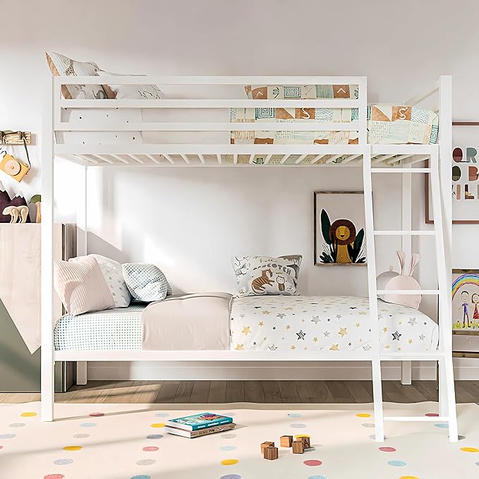 Guardrail Heavy-Duty Solid Wood Twin Over Twin Bunk Bed, White Sturdy & Safe Kids Bunk Bed with Guardrails, Space-Saving Design