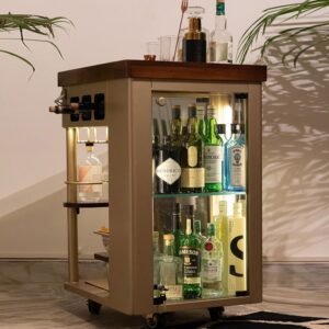 Modley Stylish Metal Bar Serving Trolley with Wheels Use Mini Cocktail Station with Speed Rails, Perfect As a Home Bar ( Gold )