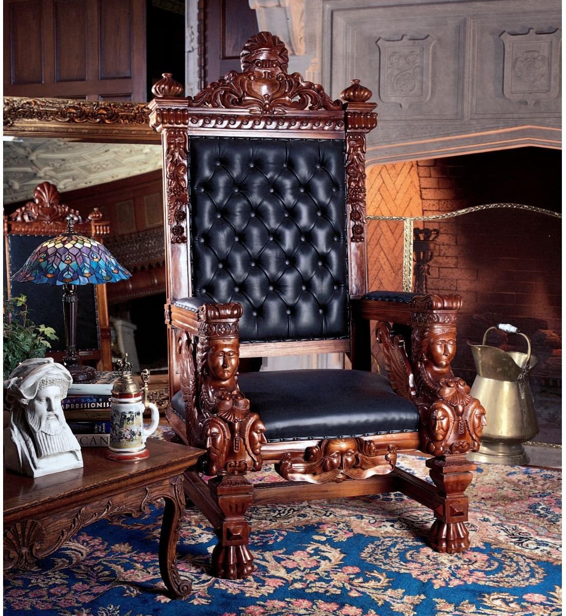 Toscano Design High Back Royal Throne Chair Hand Carved Teak Wood with Faux Leather & Crystal Buttons Antique Luxury Chair