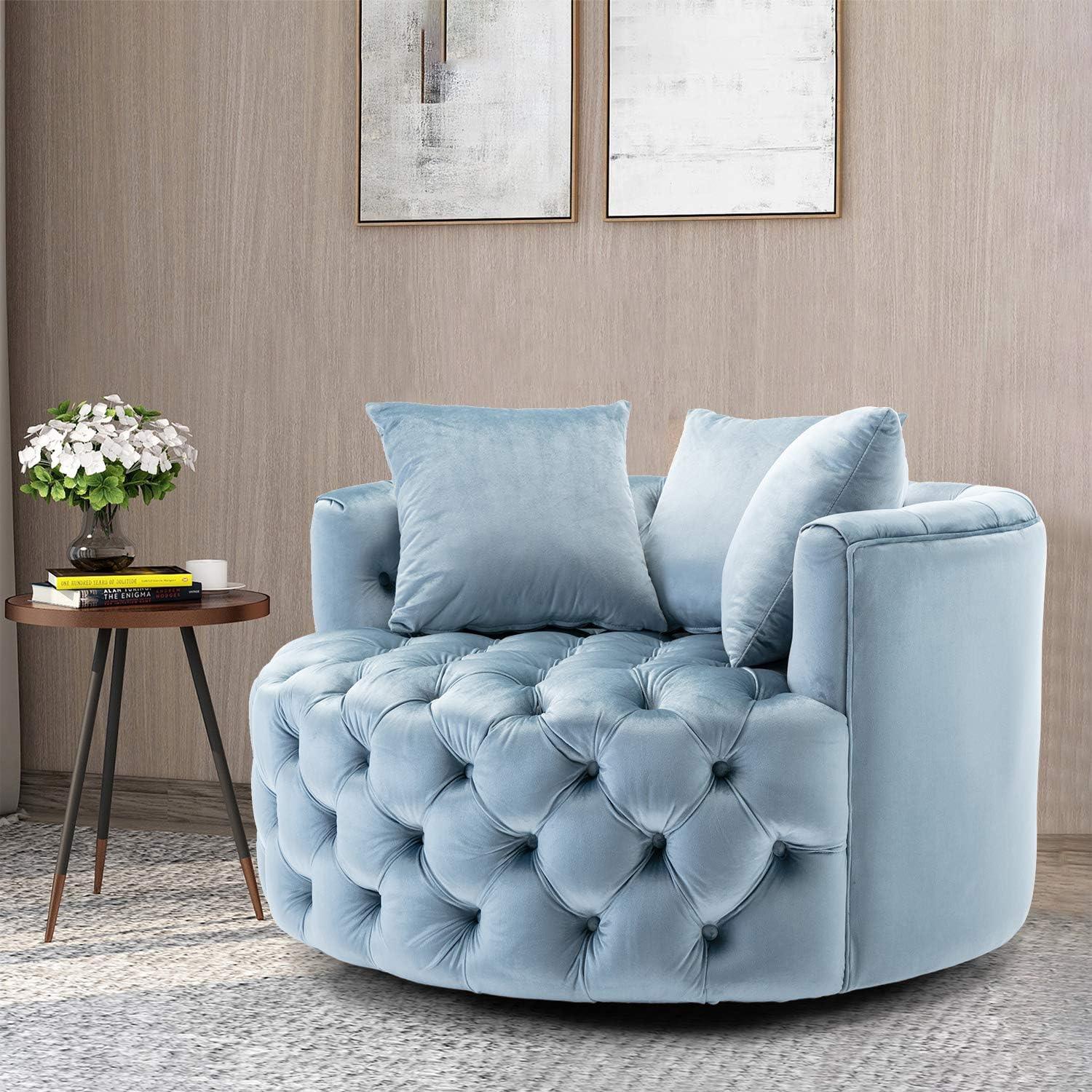 Barrel Button Tufted Design Modern Round Sofa For Living Room with 3 Pillows ( Baby Blue ) - Image 2
