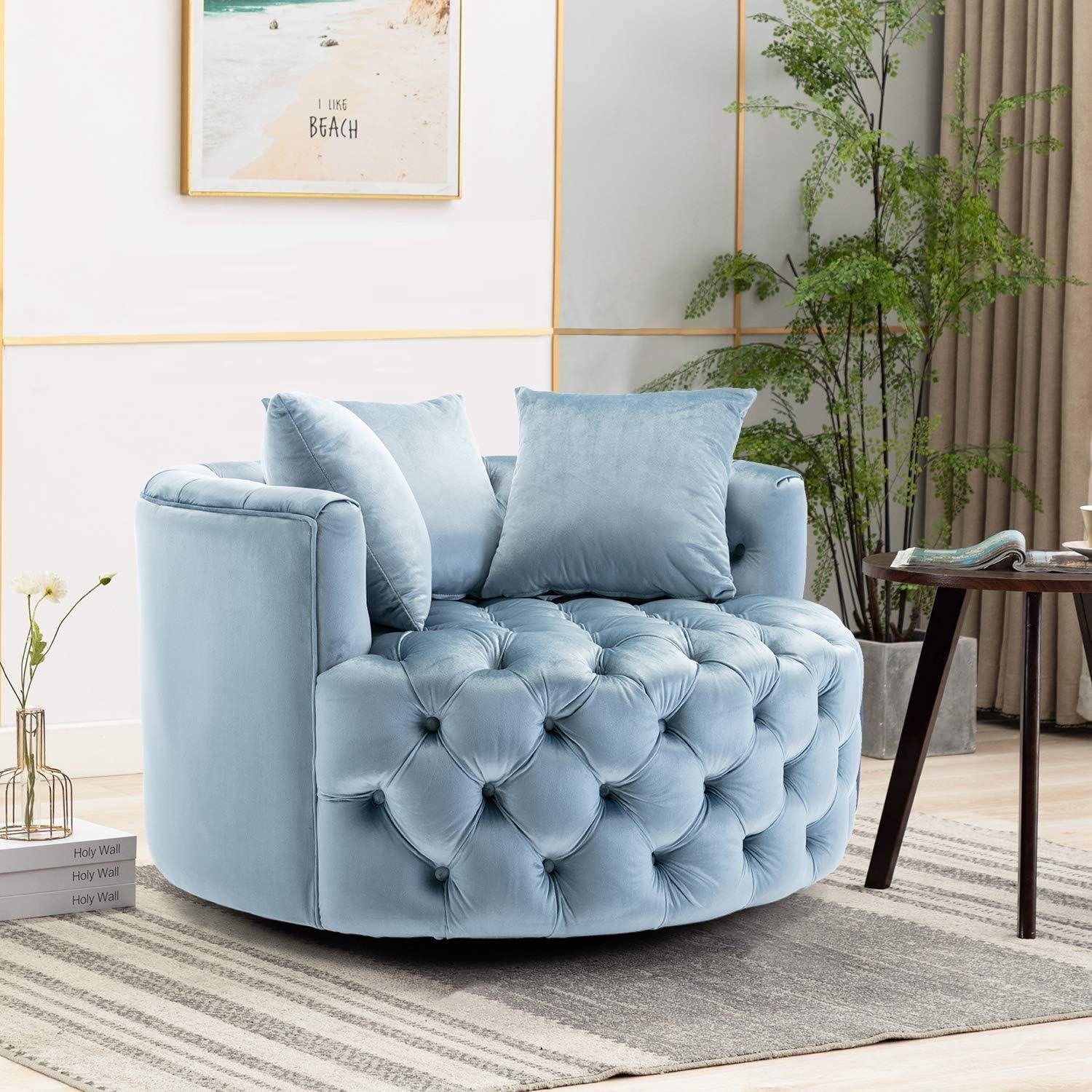 Barrel Button Tufted Design Modern Round Sofa For Living Room with 3 Pillows ( Baby Blue ) - Image 3