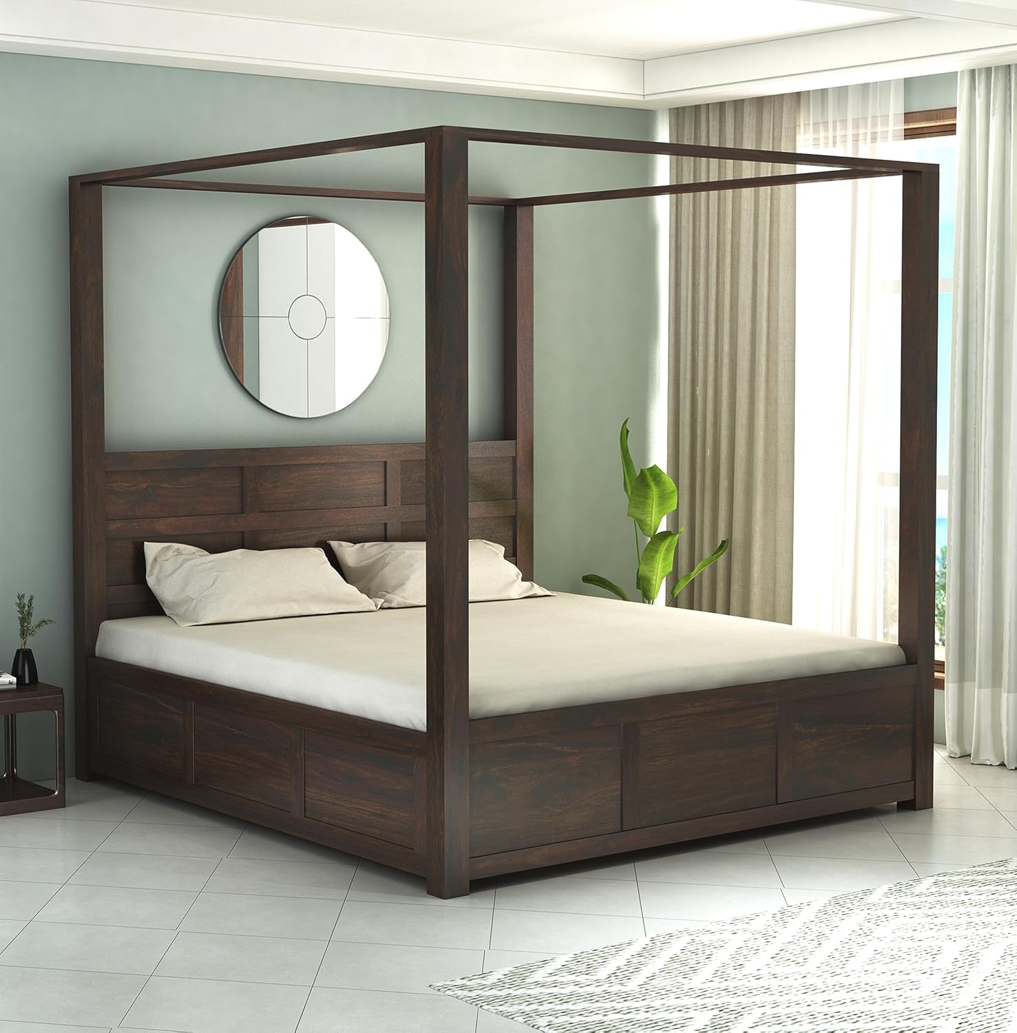 Flyer Royal Handmade Teak Wood Poster Bed with Matching 2 Bedside Table ( Walnut Finish )