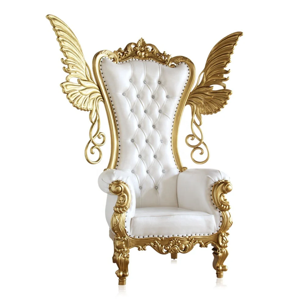 Special Wings Luxurious High Back Button Tufted Teak Wood Throne Chair Royal Wedding Chair, Elegant King & Queen ( Golden )