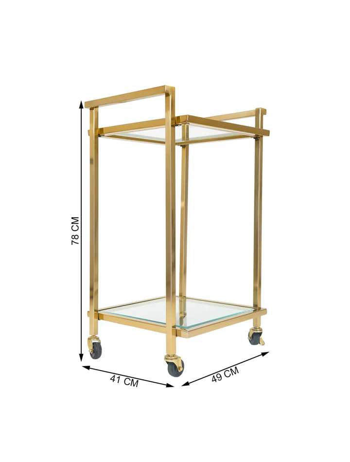 Marvella Two Shelves Stainless Steel and Glass Bar Serving Trolley with Wheels (Gold) - Image 4