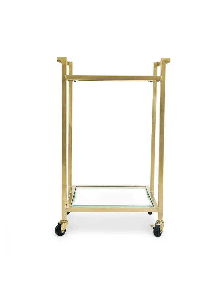 Marvella Two Shelves Stainless Steel and Glass Bar Serving Trolley with Wheels (Gold) - Image 3