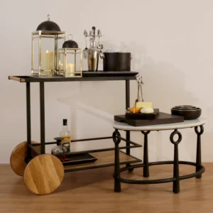 Oak 2-Tier Marble Top Metal Bar Serving Trolley with Wheels ( Bronze )