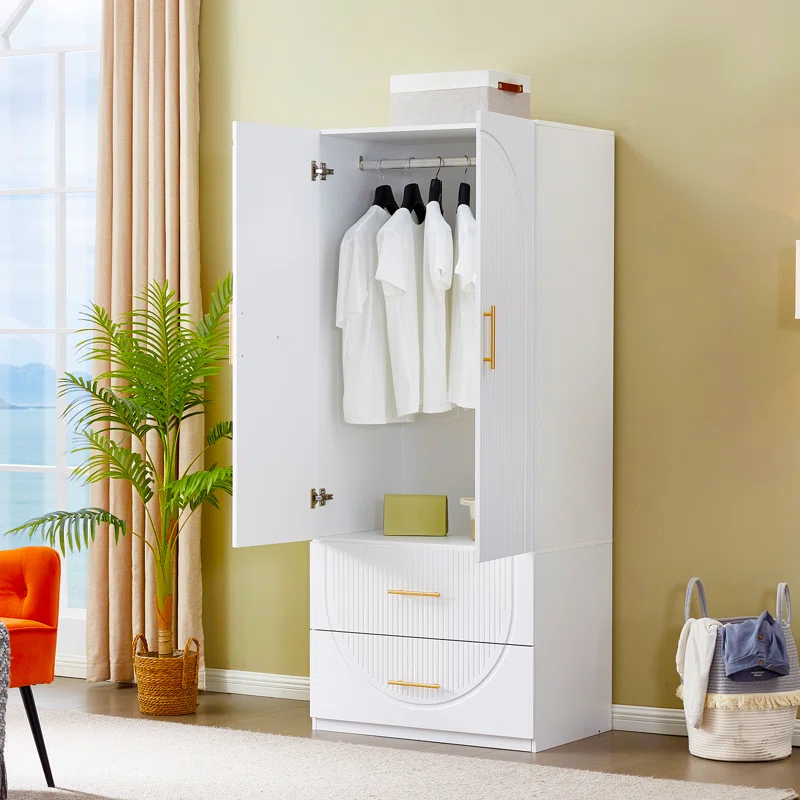 Natural Art & Crafts Armoire Teak Wood Multipurpose Storage Wardrobes & Dressers for Elegant Bedroom Storage Solution with 2 Doors and 2 Drawers - Image 2