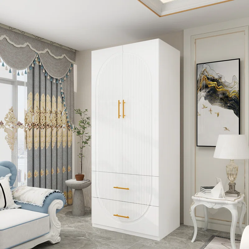 Natural Art & Crafts Armoire Teak Wood Multipurpose Storage Wardrobes & Dressers for Elegant Bedroom Storage Solution with 2 Doors and 2 Drawers