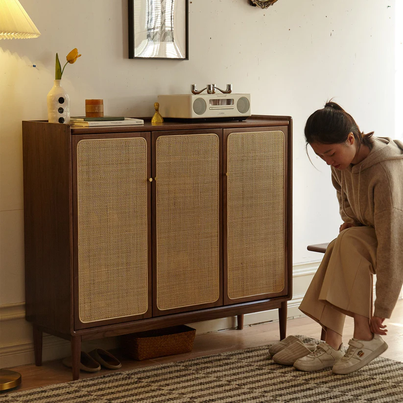 Cane Teak Wood Shoe Rack Cabinet, with 3 Doors Space-Saving Shoe Storage Organizer for Entryway & Hallway - Image 2