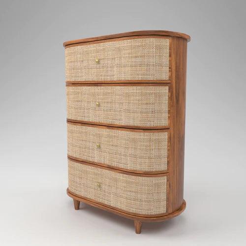Curve Rattan Rosewood Chest of 4 Drawers Cabinet Rustic Storage Organizer for Home Décor - Image 2