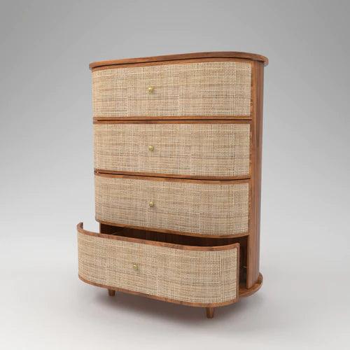 Curve Rattan Rosewood Chest of 4 Drawers Cabinet Rustic Storage Organizer for Home Décor - Image 3