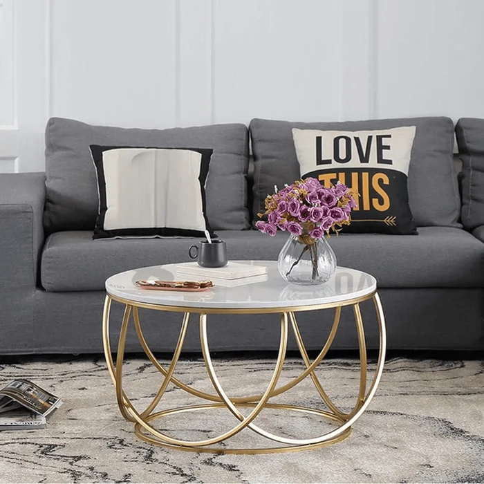 Gilded Globe Design Round Coffee Table with Marble Top-Like Finish - Image 2
