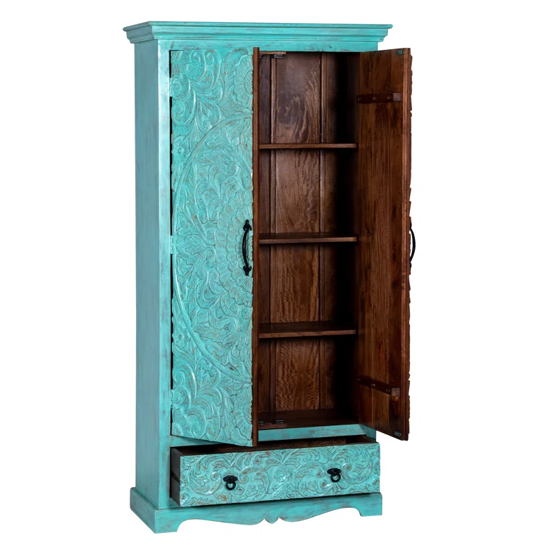 Concerto Teak Wood Multipurpose Storage Wardrobes & Dressers for Elegant Bedroom Storage Solution with 4 Doors and 1 Drawer (Green Washed) - Image 4