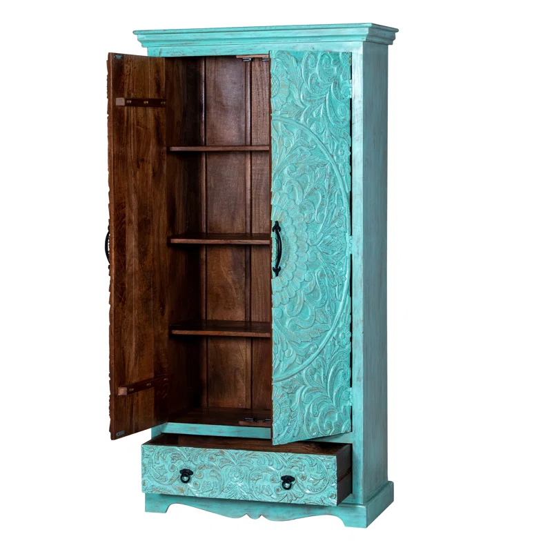 Concerto Teak Wood Multipurpose Storage Wardrobes & Dressers for Elegant Bedroom Storage Solution with 4 Doors and 1 Drawer (Green Washed) - Image 3