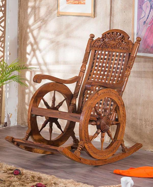 Natural Art & Crafts Hand Carved Teak Wood Rocking Chair, Retro Wheel Design, Honey Finish Sturdy, Vintage, and Perfect for Living Room, Porch, or Patio