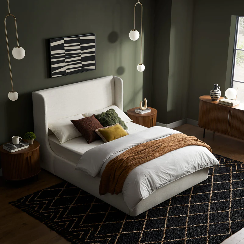 Dalton Teak Wood High Back Upholstered King Size Bed - Image 3