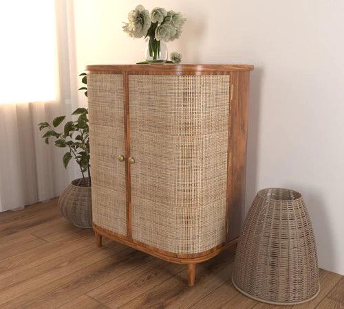 Hunky Curve Rattan Rosewood Door Cabinet Storage Rustic Storage Organizer for Home Décor