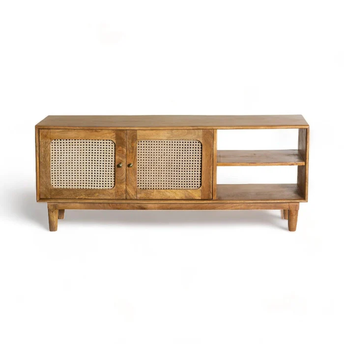 Woolly Cane Rattan Mango Wood TV Cabinet with 2 Drawers & 2 Open Shelves for Living Room Storage and Media Console - Image 2