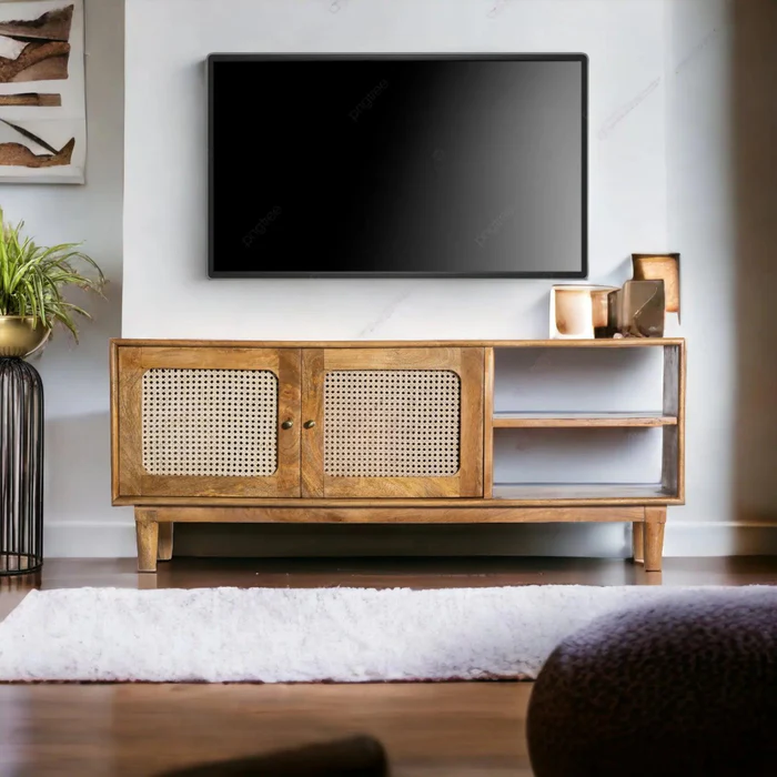 Woolly Cane Rattan Mango Wood TV Cabinet with 2 Drawers & 2 Open Shelves for Living Room Storage and Media Console