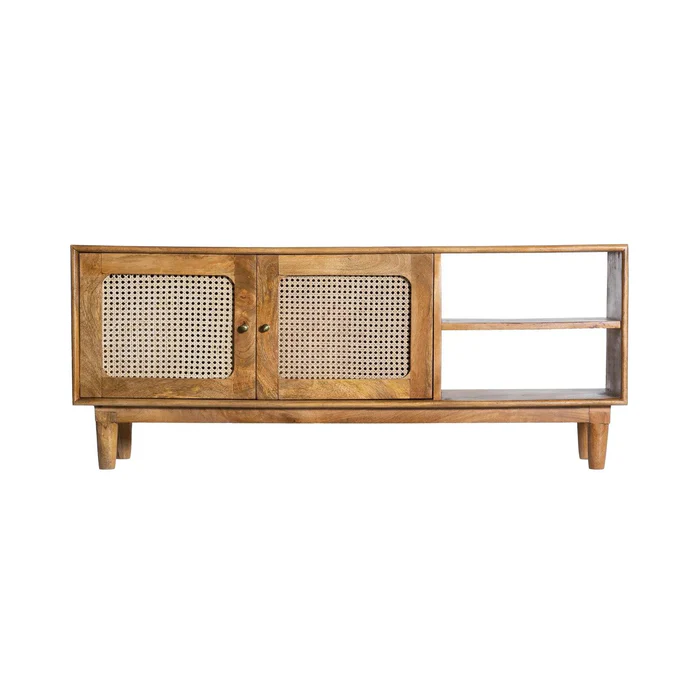 Woolly Cane Rattan Mango Wood TV Cabinet with 2 Drawers & 2 Open Shelves for Living Room Storage and Media Console - Image 3