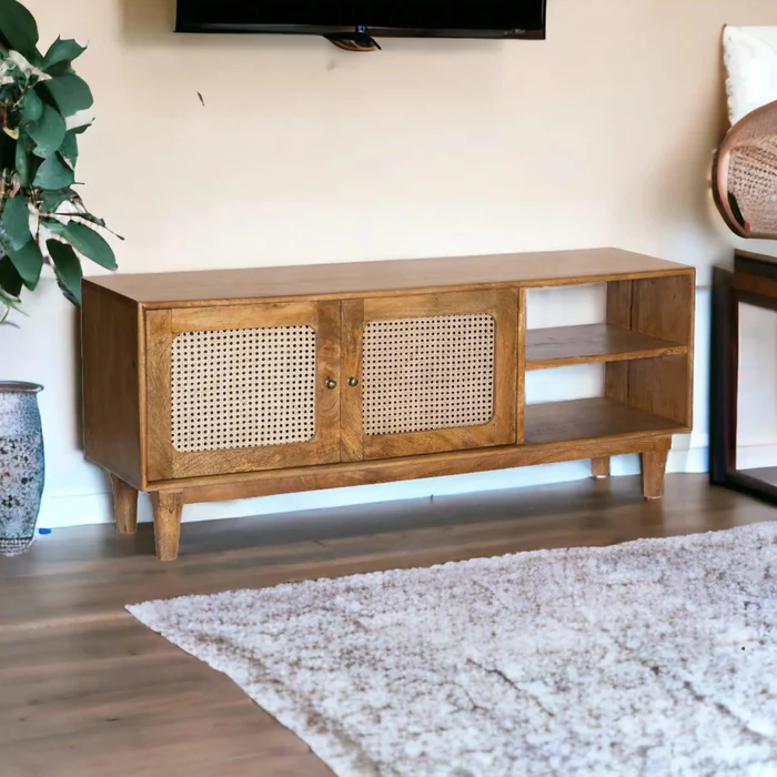 Woolly Cane Rattan Mango Wood TV Cabinet with 2 Drawers & 2 Open Shelves for Living Room Storage and Media Console - Image 4