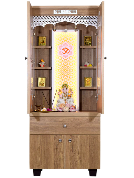 Functionality Traditional Handmade Teak Wood Pooja Temple Attached with Led Light for Daily Prayers (Natural Teak Finish)