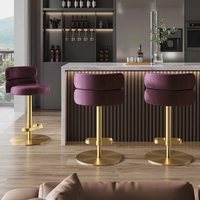 Giacamoy Adjustable Height Swivel Velvet Counter and Bar stool in Stainless Steel Modern Design ( Purple ) - Image 3