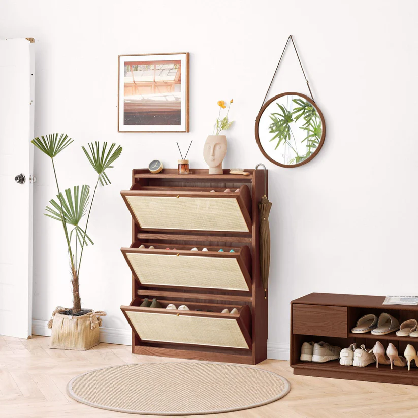 Grapple Cane Teak Wood Shoe Rack Cabinet, with 3 Shelves Space-Saving Shoe Storage Organizer for Entryway & Hallway